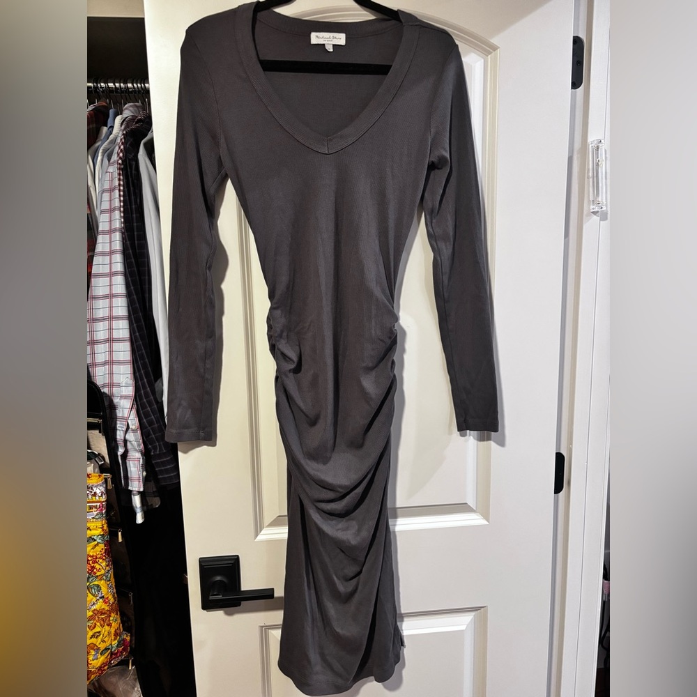 Michael Stars Ruched Gray Sleeve Dress